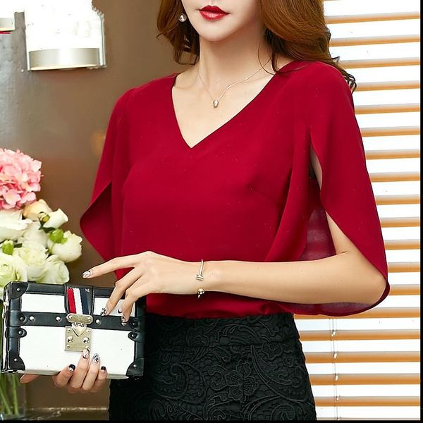 

casual summer chiffon fashion womens shirt korean half sleeve elegant slim office blouse ladies streetwear, White