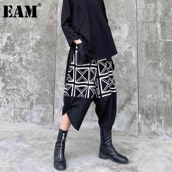

[eam] high elastic waist black patten printed long trousers loose fit pants women fashion spring summer 1dd8418 21512, Black;white