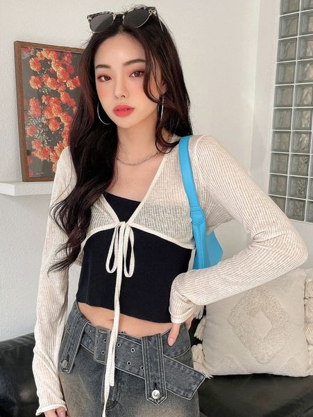 

dazy rib knit knot front super crop without camisole m209#, White
