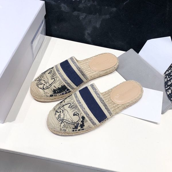 

summer new style letter embroidery flower fisherman shoes straw woven shoes all-match flat-bottom half-drag women, Black