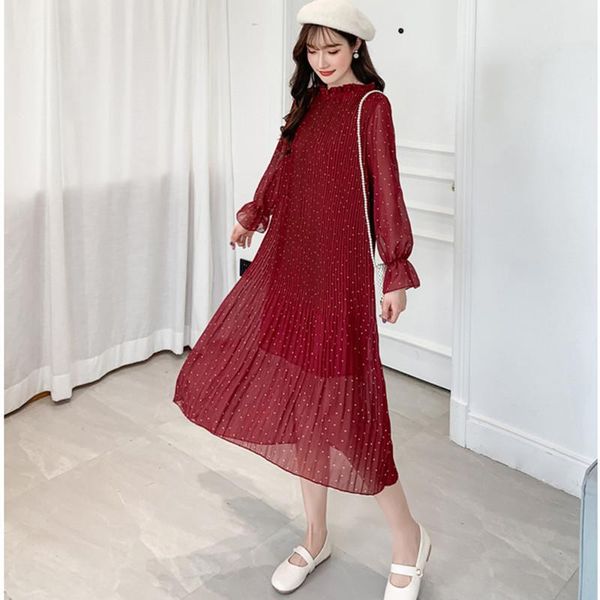 

casual dresses women chiffon dress spring autumn female elegant vintage long sleeve dot pleated office lady loose black, Black;gray