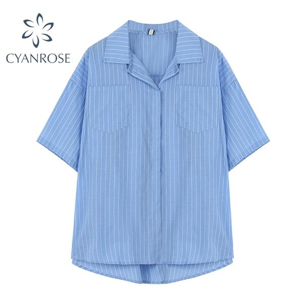 

boyfriend style blouse women striped oversized loose short sleeve blue cardigan shirts female summer harajuku blusas 210430, White