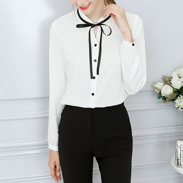 

paris girl working women's fashion long sleeve bow slim white shirt lovely body shaping work blush 210524