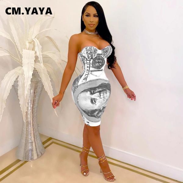 

casual dresses cm.yaya women mini dress print sleeveless strapless strechy bodycon night clubwear vestidos summer outfits 2021, Black;gray