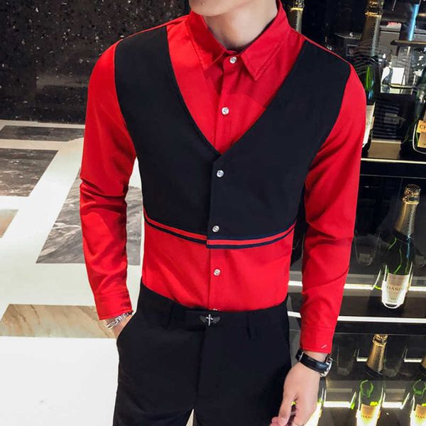 

fall fake two-piece men shirt long sleeve trend workwear shirt slim fit streetwear nale clothing camisas para hombre s-5xl 210527, White;black