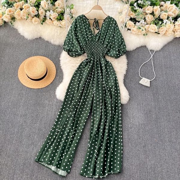 

summer polka dot womens jumpsuits puff sleeve elastic waist wide leg casual v neck pocket holiday beach overalls, Black;white