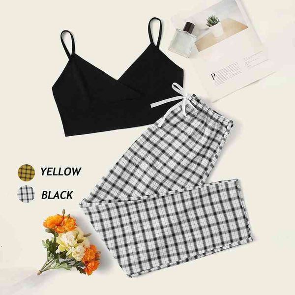 

plaid suits summer fashion womens pants sleeveless suspender blouse and 2piece casual set ensemble femme, White