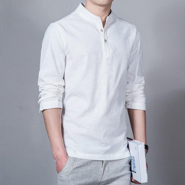 

men's casual shirts men fashion solid color buttons stand collar pullover male long sleeve slim shirt spring summer cotton linen, White;black