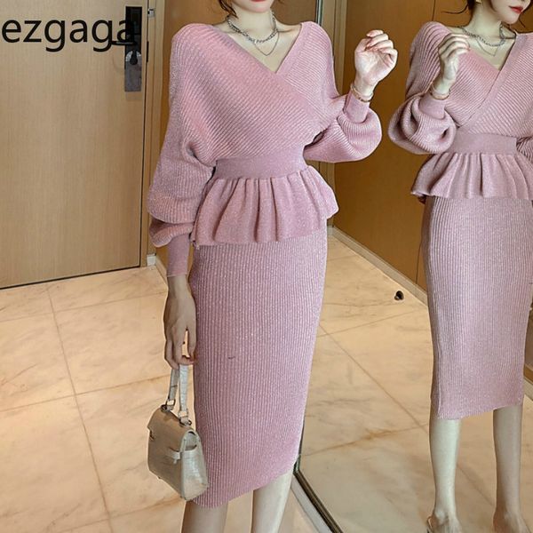 

ezgaga two piece set women fashion v-neck knit sweater pullover elegant high waist skirts slim waist solid office lady 210430, White