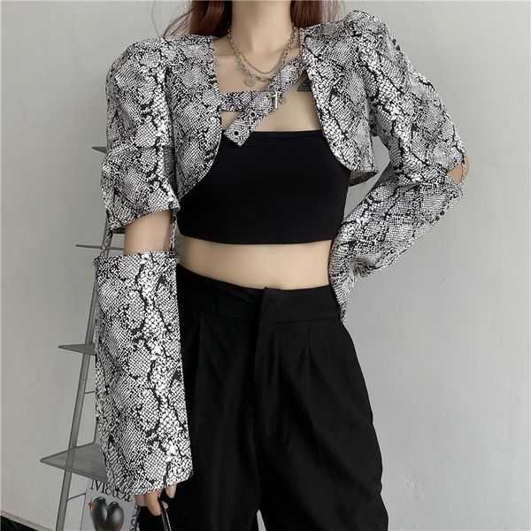

women's jackets women clothes long sleeve 2021 dark style snakeskin hollow chain extra short shape high waist coat woman jacket 862c, Black;brown
