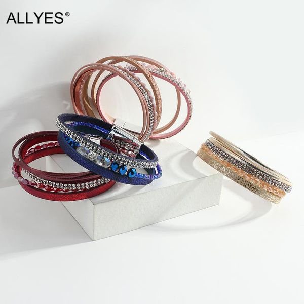 

tennis allyes crystal beads leather bracelets for women fashion simple multilayer rhinestone pink wide wrap bracelet female jewelry, Golden;silver