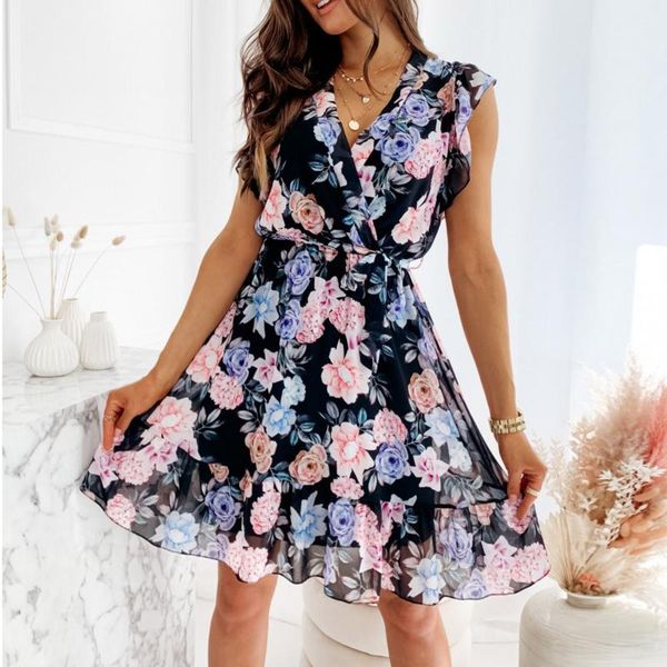 

ethnic clothing women casual v-neck butterfly short sleeve floral print summer mini dresses plus size fashion high waist dress vestido de mu, Red