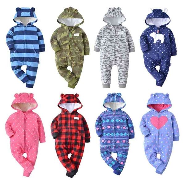 Winter Bebes Mädchen Strampler Säuglinge Pyjamas Fleece Overall mit Kapuze Baby Fuchs Kleidung Kleinkind Jungen warme Kleidung 210317