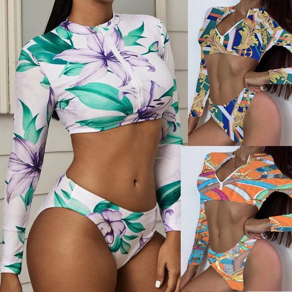 

women's swimwear women leaf print long sleeve swimsuit bikinis set swimming bathing suit brazilian high cut 2021 bikini, White;black