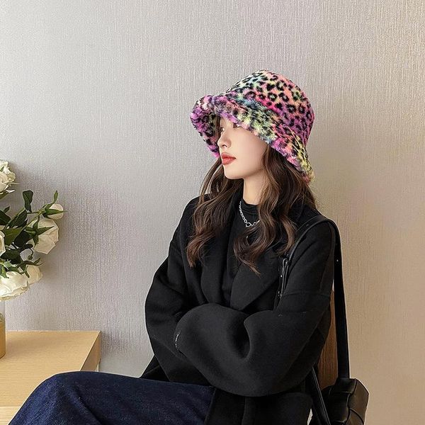 

wide brim hats winter colorful leopard print faux fur plush bucket hat for women outdoor warm soft velvet fisherman cap lady fashion panama, Blue;gray