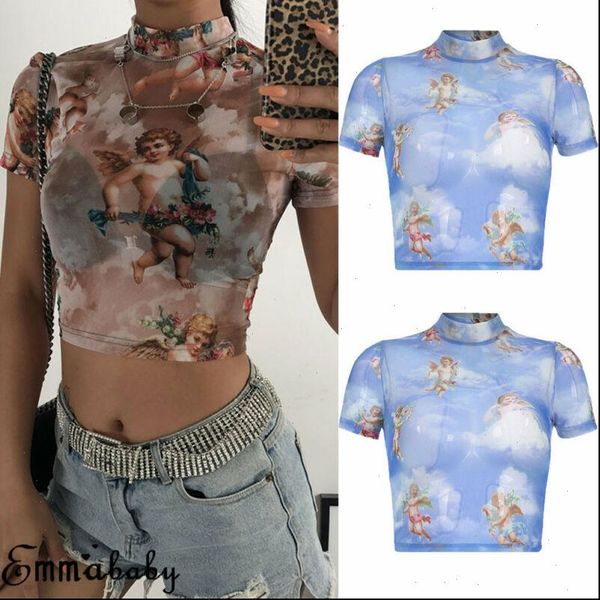 

women fashion angel printed half high collar dew navel mesh short sleeve t shirt slim bottoming crop top, White