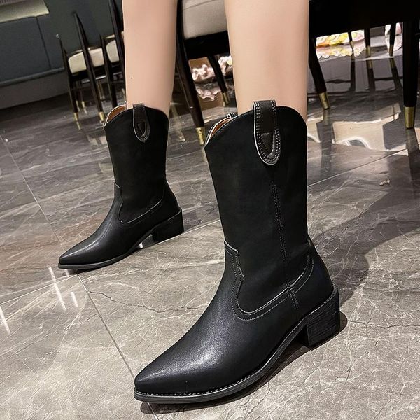 

boots 2022 genuine leather western women square heels autumn winter knee high zipper ladies cowboy footwear, Black