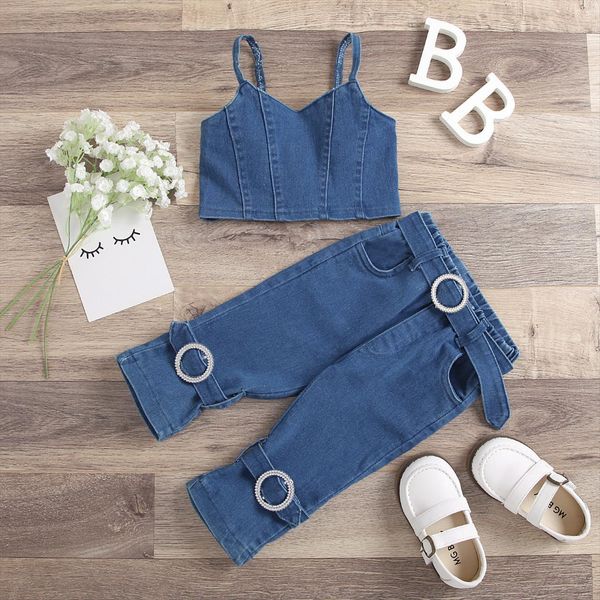 

fashion children 2pcs kids baby girls outfits summer denim off shoulder cropped belt long pants sets casual clothing, White