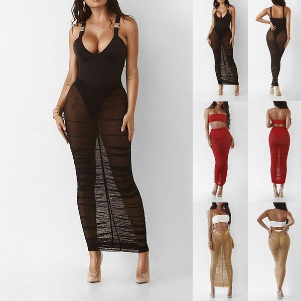 

skirts women's elastic high waist mesh skirt long pleated slim perspective beach spring summer clothes solid, Black