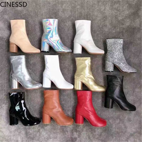 

split toe boots women real leather ninja tabi boots genuine leather chunky heel ankle boot cow leather woman high heels shoes 211021, Black