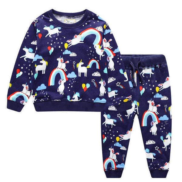 Jumping Meters Einhorn Baby Mädchen Outfit Kleidung Sets Kleinkind Kinder Langarm Sweatshirt und Volle Hosen Regenbogen Mode Anzüge 210529