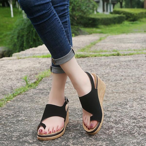 

sandals women's summer shoes open wedges roman pu ladies slipper footwear, Black
