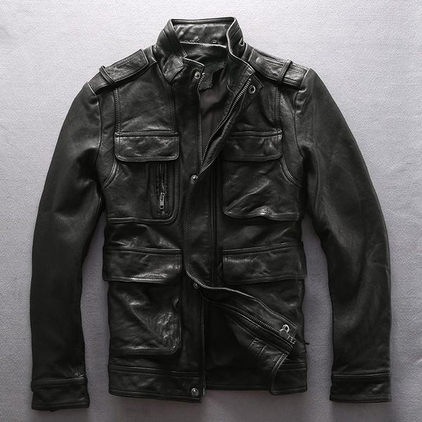 

men's leather & faux 2021 men black long m65 vegetable tanned goatskin cow jacket fashion military pocket slim fit outerwear jackets