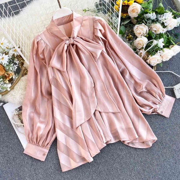

skirt satin-loose shirt with sleeves sleeves, women's blouses soild striped bow collar, lantern sleeve, Black