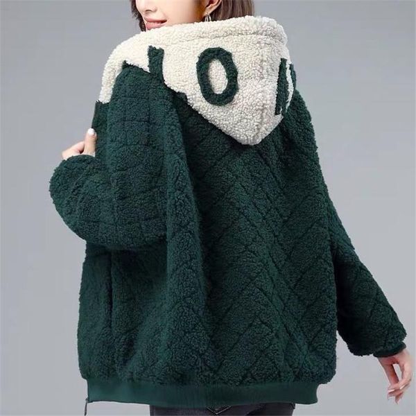 

women's wool & blends winter letter hooded jacket 2021 korea loose lamb warm coat casual student all-match short outwear parkas, Black