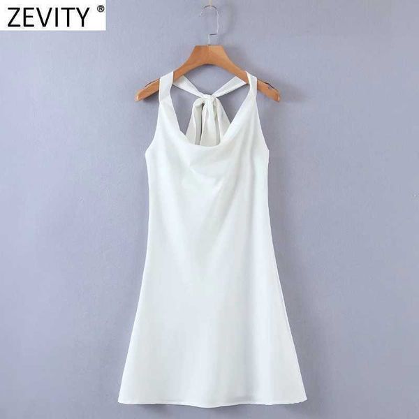 

zevity women solid colar sleeveless hang on neck satin mini dress female chic summer backless bow tied vestidos ds8227 210603, Black;gray