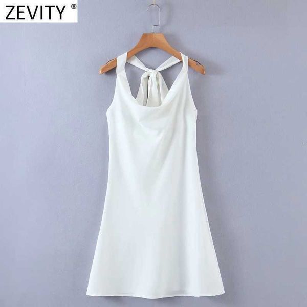 Zevity Frauen Sexy Solid Colar Ärmellos Hang On Neck Satin Minikleid Weiblich Chic Sommer Rückenfrei Schleife Gebunden Vestidos DS8227 210603