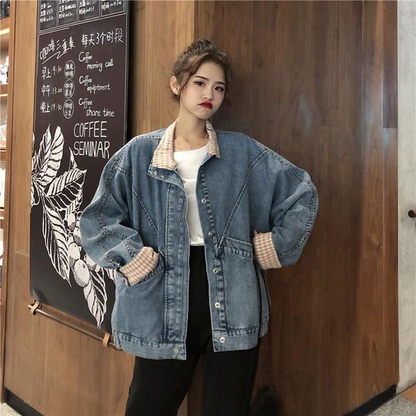 

long sleeve loose jacket women autumn spliced denim regular single breasted cotton kurtki damskie women's clothing ef50wj jackets, Black;brown