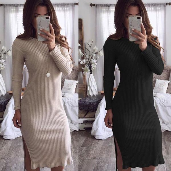 

casual dresses round neck slim open fashion autumn and winter dress style women solid straight, Black;gray
