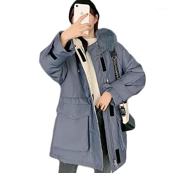 

women's down & parkas winter jacket coat tooling cotton korean loose long parka overcoat casual hooded fur collar coats, Black