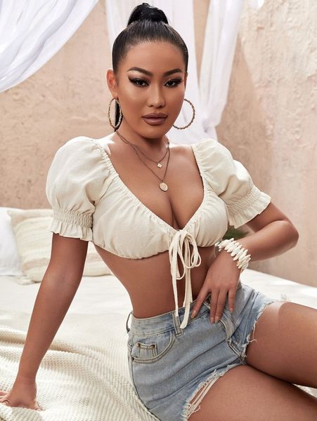 

plunging neck knot front shirred puff sleeve crop 23ye#, White