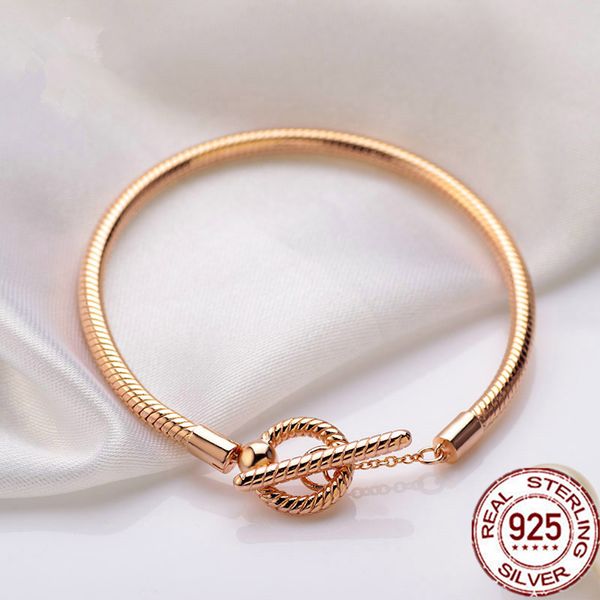 2021 Браслет цвета розового золота 925 пробы Серебряные моменты Розовая застежка-веер Змеиная цепочка Fit Pandora Charm Women Gift