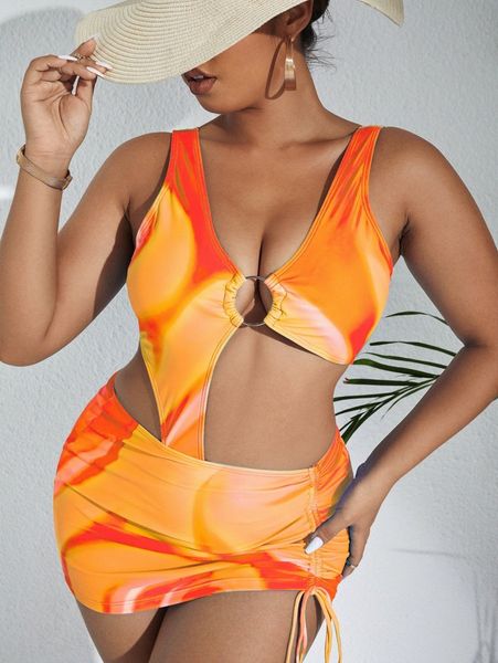 

plus ombre ring linked one piece swimsuit with beach skirt c9px#, Black