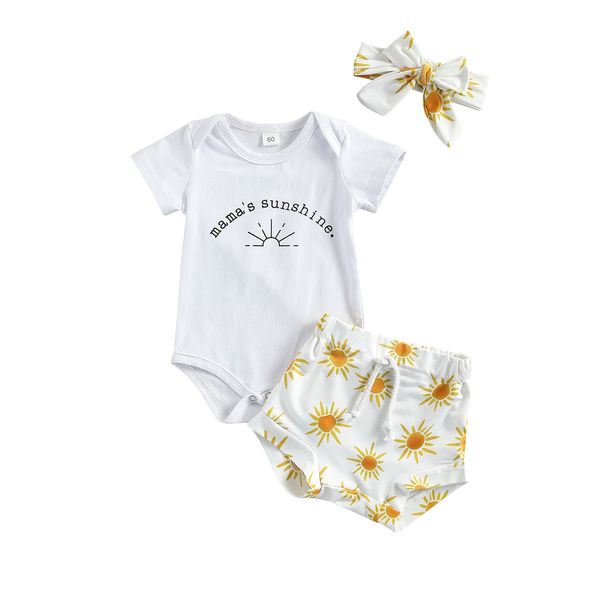 

2021 0-24m baby girl summer clothing sweet 3pcs letter print short sleeve romper cartoon sun print high waist shorts summer, Blue