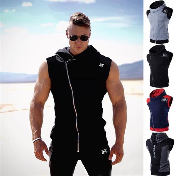 

fashion mens sleeveless muscle fitness zipper hooded vest tank, White;black