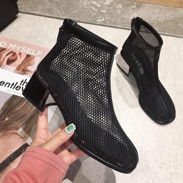 

boots brand designer mesh stretch fabric women ankle sock round toe hollow out summer booties sandals thick high heels shoes, Black