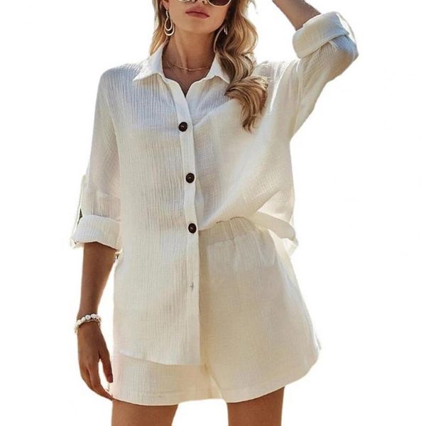 

women's tracksuits short sets for women 2pcs/set ladies shirt lapel loose casual long sleeve elastic waist shorts set going out white 2, Gray