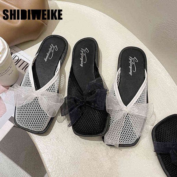 

women slippers bow slides female hollow out mesh flat women's beach casual shoes woman breathable indoor vc455 210611, Black