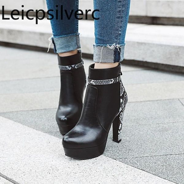 

boots women's autumn and winter the round head zipper color matching high heel short tube shoes plus size 32-43, Black