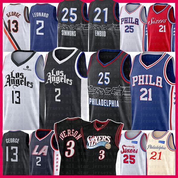 

kawhi 2 joel 21 embiid leonard ben 25 simmons basketball jersey paul 13 george allen 3 iverson julius 6 erving los retro angeles 2021 new, Black;red