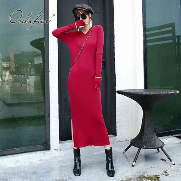 

autumn winter women long knitted dress sleeve burgundy split bodycon sweater 210513, Black;gray