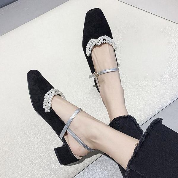 

2021 spring summer women sandals mary janes dress shoes string bead slingbacks mid heels pumps pearls sandalias mujer 8980n, Black