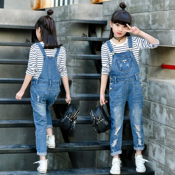 

ripped jeans overalls for girl denim pants children jeans jumpsuit fashion teenager autumn clothes 3 4 6 8 10 12 infant trousers, Blue