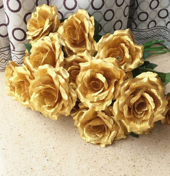 

16pcs single stalk rose camellia fake roses gold/silver colors for wedding centerpieces home artificial decorative flowers1