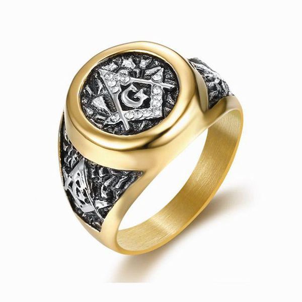 

- 15 size fashion stainless steel masonic gold color ring inlaid rhinestone ason symbol g templar asonry rings cluster, Golden;silver