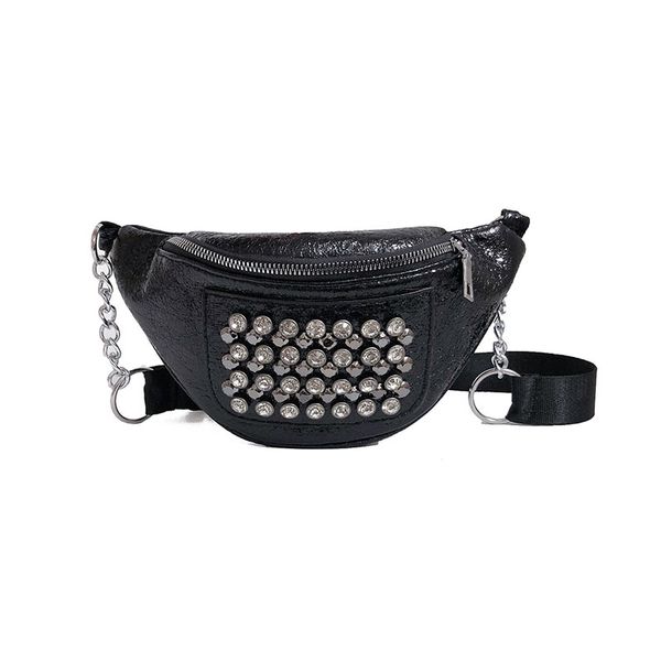 

fashion punk women waist rhinestone pu leather chest shoulder bags zipper waist bag high capacity